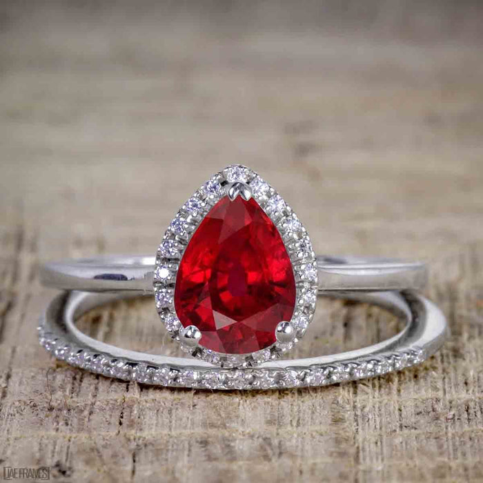 Bestselling 2.50 Carat Pear cut Ruby and Diamond Halo Trio Wedding Bridal Ring Set in White Gold