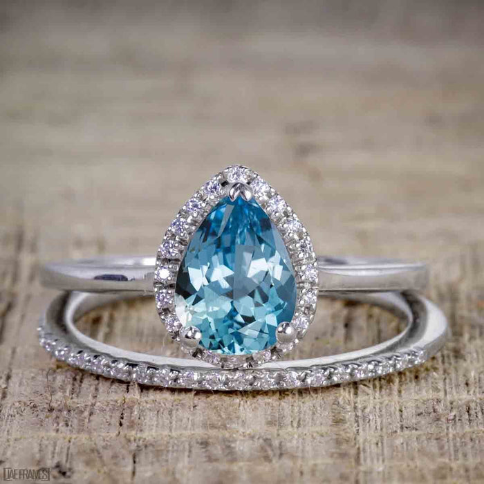 Unique 1.5 Carat Pear Cut Aquamarine and Diamond Halo Wedding Ring Set for Her in White Gold