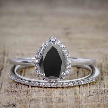 Classic 1.50 Carat Pear Cut Black Diamond Halo Wedding Ring Set for Her in White Gold