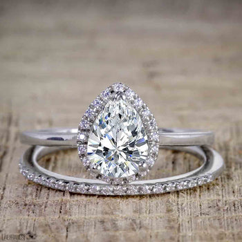 Unique 2 Carat Pear Cut Moissanite and Diamond Halo Wedding Ring Set for Her in White Gold