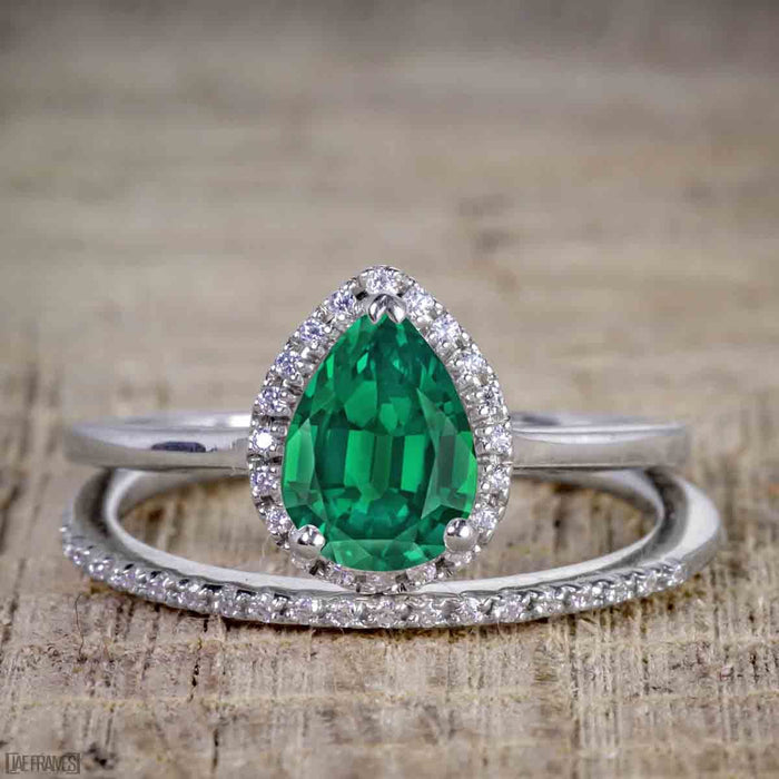 Unique 2 Carat Pear cut Emerald and Diamond Halo Wedding Ring Set for Her in White Gold