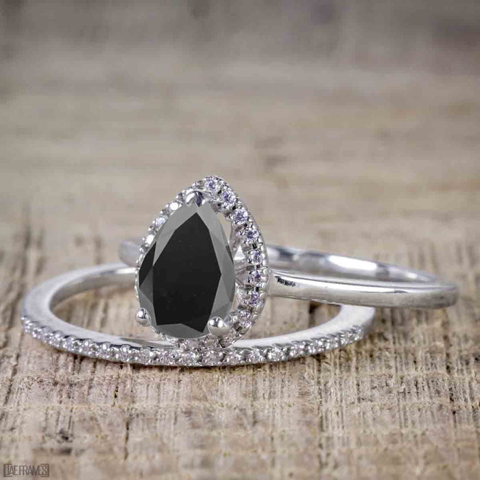 Classic 1.50 Carat Pear Cut Black Diamond Halo Wedding Ring Set for Her in White Gold