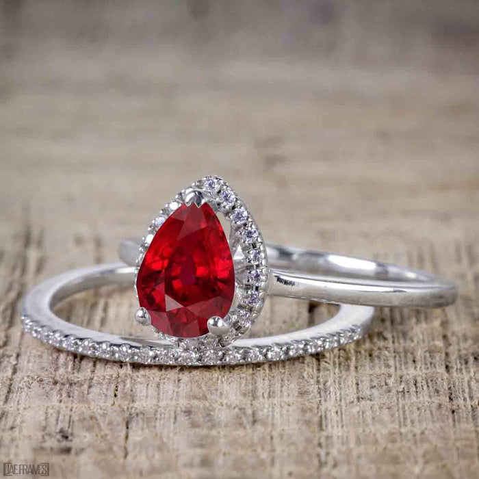 Unique 2 Carat Pear cut Ruby and Diamond Halo Wedding Ring Set for Her in White Gold