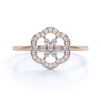 Camellia Flower Stacking Ring with Round Diamonds in Rose Gold