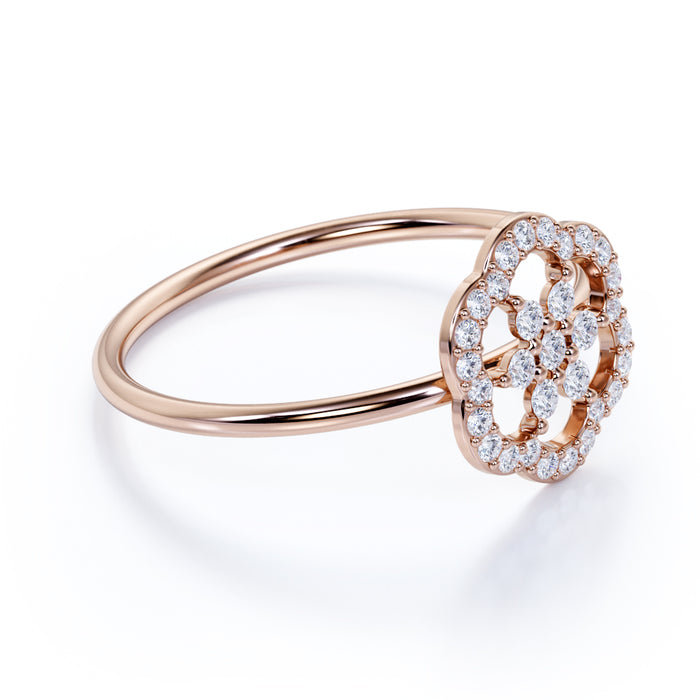 Camellia Flower Stacking Ring with Round Diamonds in Rose Gold