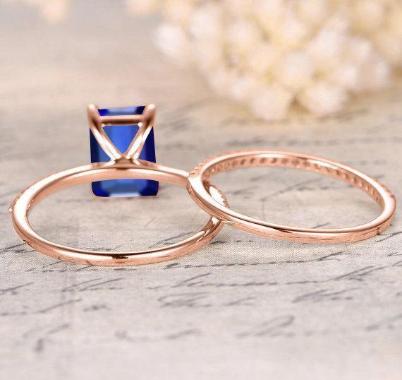 1.50 Carat Emerald Cut Blue Sapphire and Diamond Bridal Set in Rose Gold: On Limited Time Sale:
