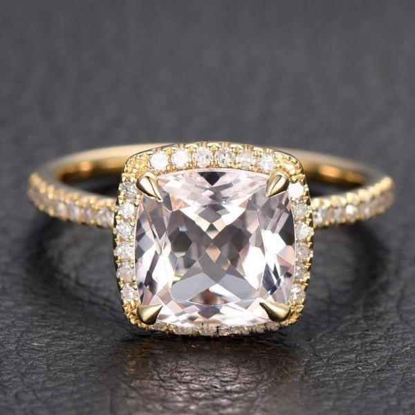 1.50 Carat Cushion Cut Pink Morganite and Diamond Halo Engagement Ring in 9k Gold
