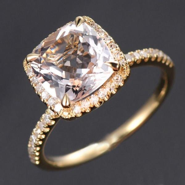 1.50 Carat Cushion Cut Pink Morganite and Diamond Halo Engagement Ring in 9k Gold