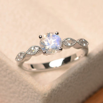 Art Deco Milgrain 1.25 Carat Round Cut Blue Moonstone and Diamond Engagement Ring in White Gold