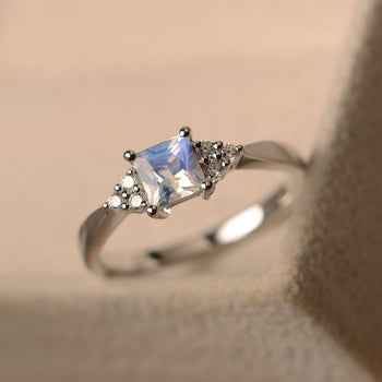 1.15 Carat Princess Cut Blue Moonstone and 6 Stone Diamond Engagement Ring in White Gold