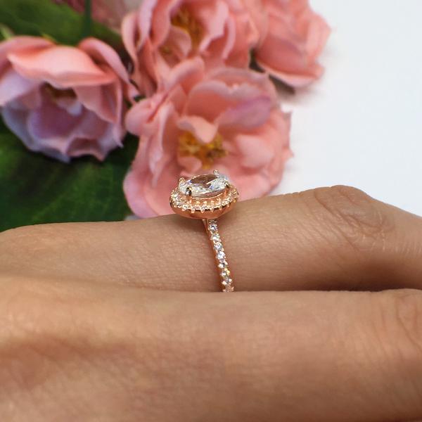 Beautiful 1.5 Carat Oval Cut Halo Engagement Ring in Rose Gold over Sterling Silver