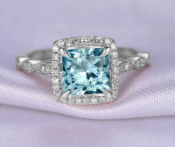 Antique Design 1.50 Carat Princess Cut Aquamarine and Diamond Engagement Ring in White Gold