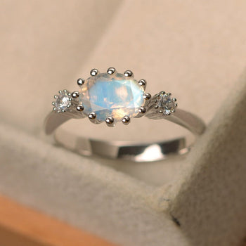 Trilogy 1.25 Carat Oval Cut Blue Moonstone and Diamond Prong Setting Engagement Ring in White Gold