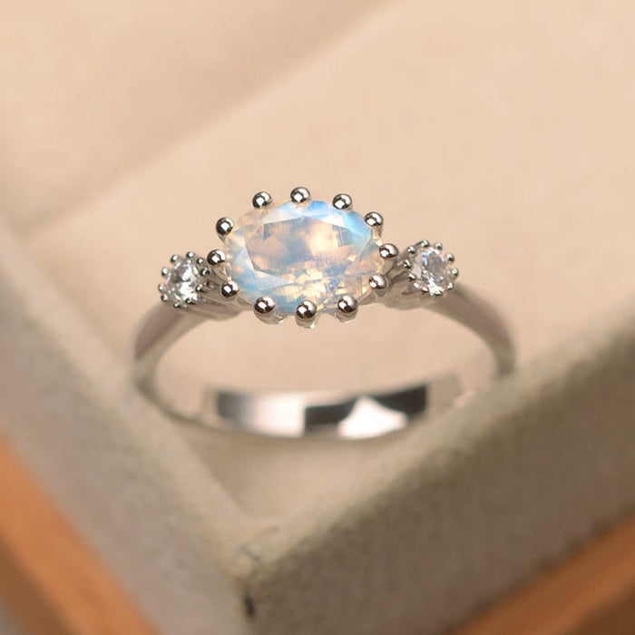 Trilogy 1.25 Carat Oval Cut Blue Moonstone and Diamond Prong Setting Engagement Ring in White Gold