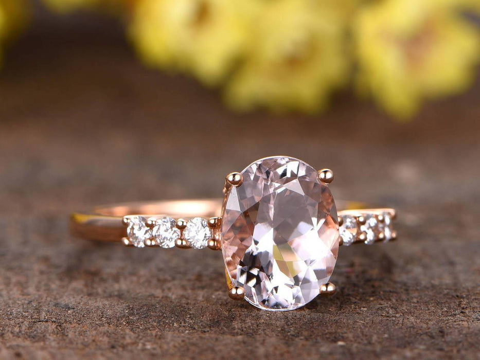 7 Stone 1.25 Carat Oval Cut Morganite and Diamond Engagement Ring in Rose Gold