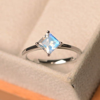 4 Prong 1.25 Carat Princess Cut Blue Moonstone Solitaire Engagement Ring in White Gold