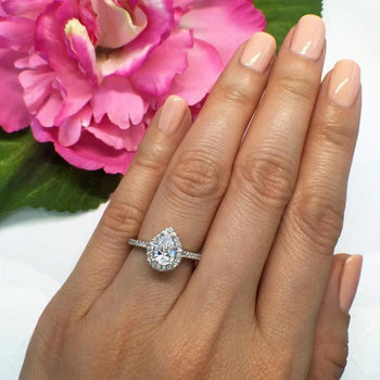 1 Carat Pear Cut Halo Engagement Ring in White Gold over Sterling Silver