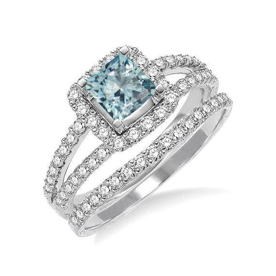 2 Carat Split Shank Princess Cut Aquamarine and Diamond Halo Bridal Ring Set in White Gold