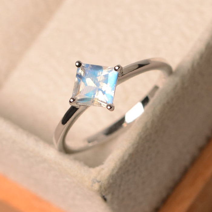 4 Prong 1.25 Carat Princess Cut Blue Moonstone Solitaire Engagement Ring in White Gold