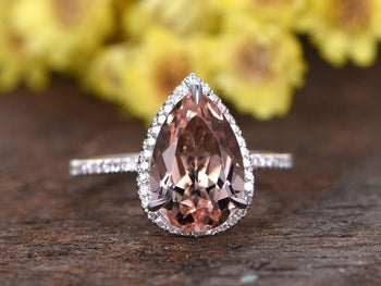 Limited Time Sale 1.50 Carat Pear Cut Morganite and Diamond Halo Engagement Ring in White Gold