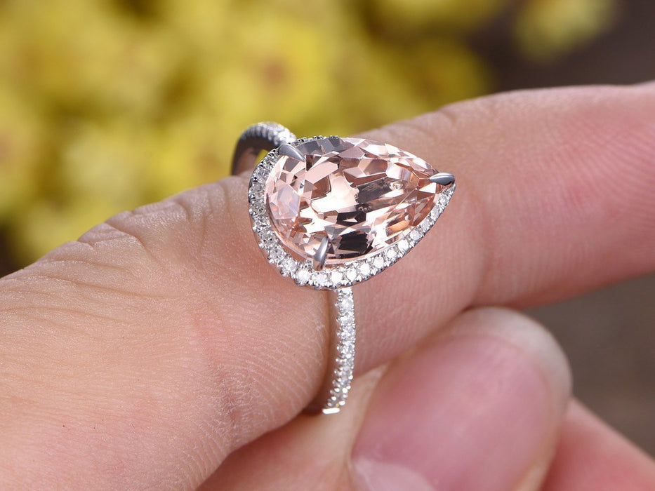 Limited Time Sale 1.50 Carat Pear Cut Morganite and Diamond Halo Engagement Ring in White Gold