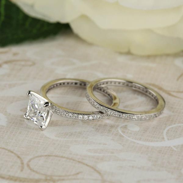 1.5 Carat Princess Cut Eternity Wedding Ring Set in White Gold over Sterling Silver