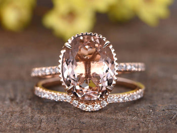 Perfect Matching 2 Carat Oval Cut Morganite and Diamond Bridal Ring Set in Rose Gold