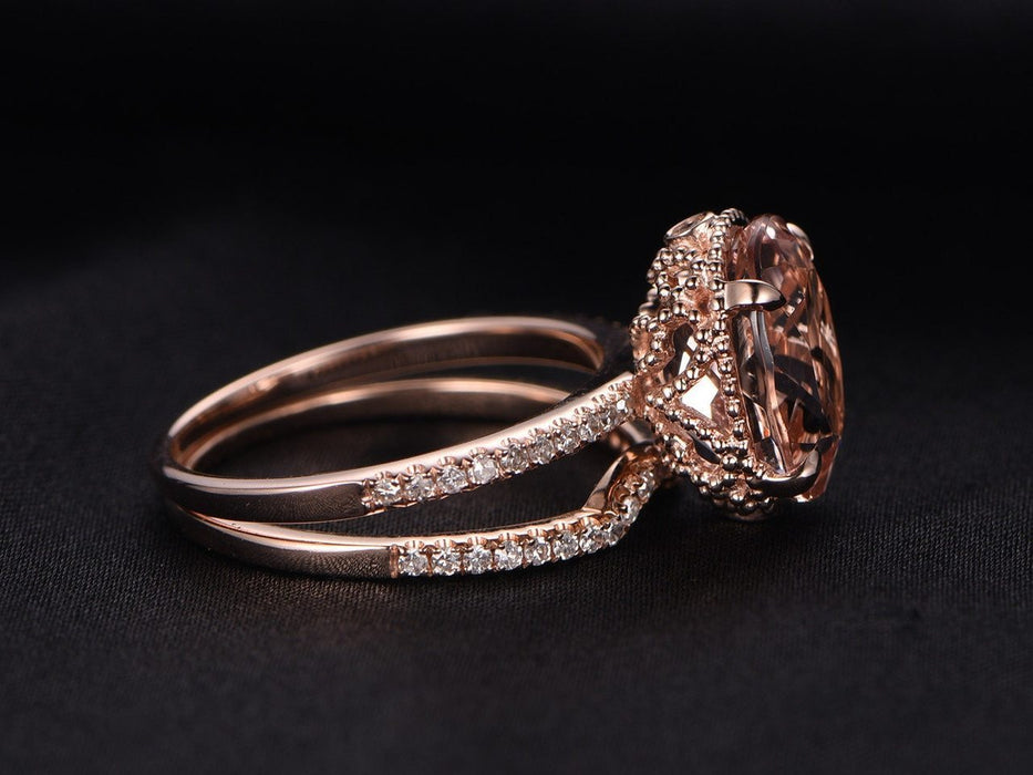 Perfect Matching 2 Carat Oval Cut Morganite and Diamond Bridal Ring Set in Rose Gold