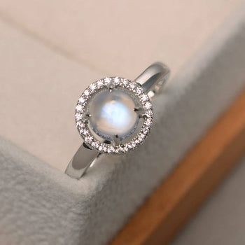 1.25 Carat Round Cabochon Cut Blue Moonstone and Diamond Halo Engagement Ring in White Gold