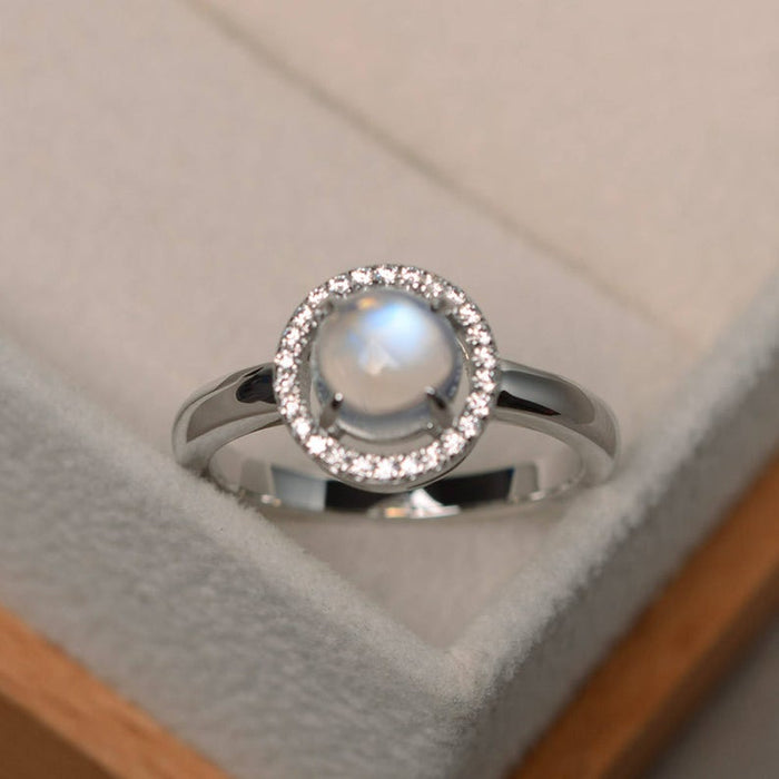 1.25 Carat Round Cabochon Cut Blue Moonstone and Diamond Halo Engagement Ring in White Gold