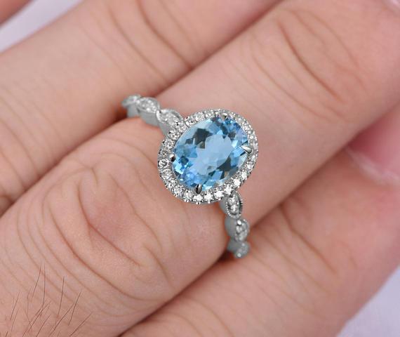Lovely 1.50 Carat Round Cut Aquamarine and Diamond Halo Engagement Ring for Her in White Gold