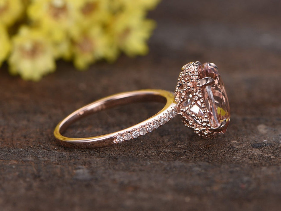 Antique 1.50 Carat Oval Cut Morganite and Diamond Engagement Ring in Rose Gold