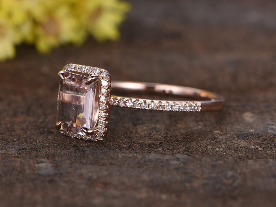 Halo 1.50 Carat Emerald Cut Morganite and Diamond Engagement Ring in Rose Gold