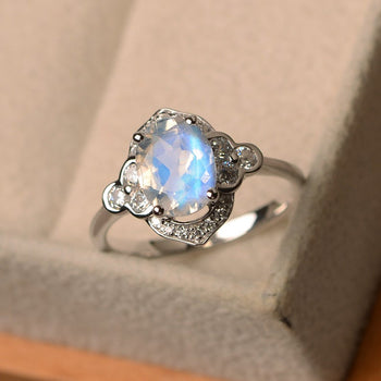 Vintage 1.50 Carat Oval Cut Blue Moonstone and Diamond Floral Engagement Ring in White Gold