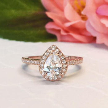 Classic 1 Carat Pear Cut Halo Engagement Ring in Rose Gold over Sterling Silver