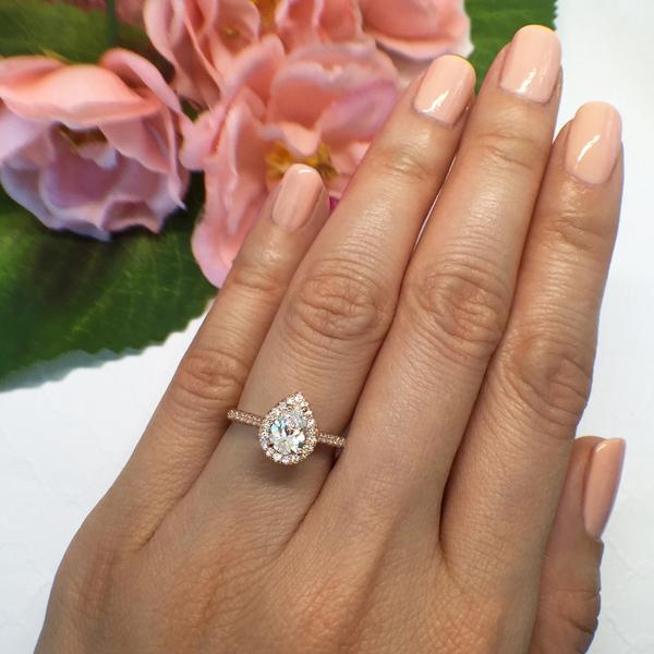 Classic 1 Carat Pear Cut Halo Engagement Ring in Rose Gold over Sterling Silver