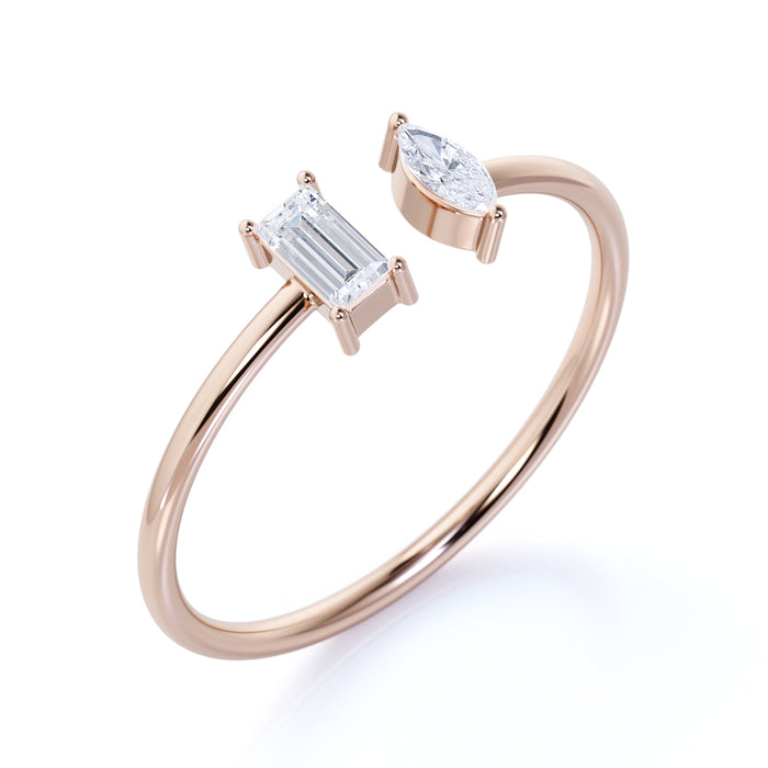 Elegant Marquise and Emerald Cut Diamond Duo Stacking Ring in Rose Gold