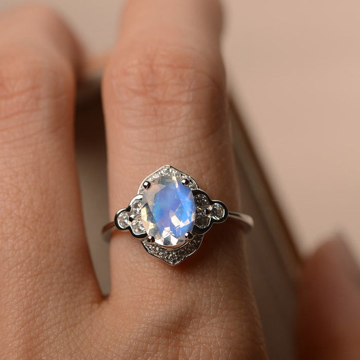 Vintage 1.50 Carat Oval Cut Blue Moonstone and Diamond Floral Engagement Ring in White Gold