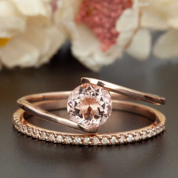 Elegant 1.50 Carat Round Cut Peach Morganite and Diamond Wedding Ring Set in Rose Gold Affordable Ring
