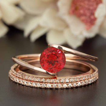 2 Carat Round Cut Ruby and Diamond Trio Wedding Ring Set in 9k Rose Gold Glamorous Ring