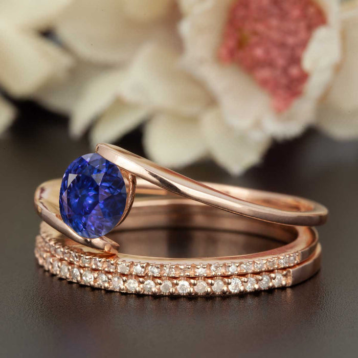 2 Carat Round Cut Sapphire and Diamond Trio Wedding Ring Set in Rose Gold Glamorous Ring