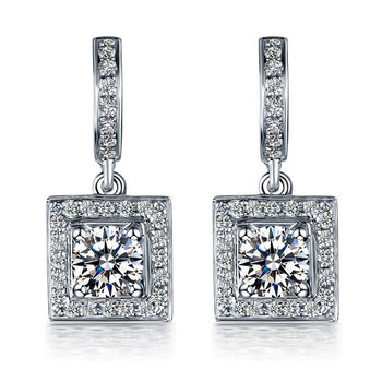 Cluster 2.25 Carat Princess Cut Moissanite and Diamond Drop Stud Earrings in White Gold