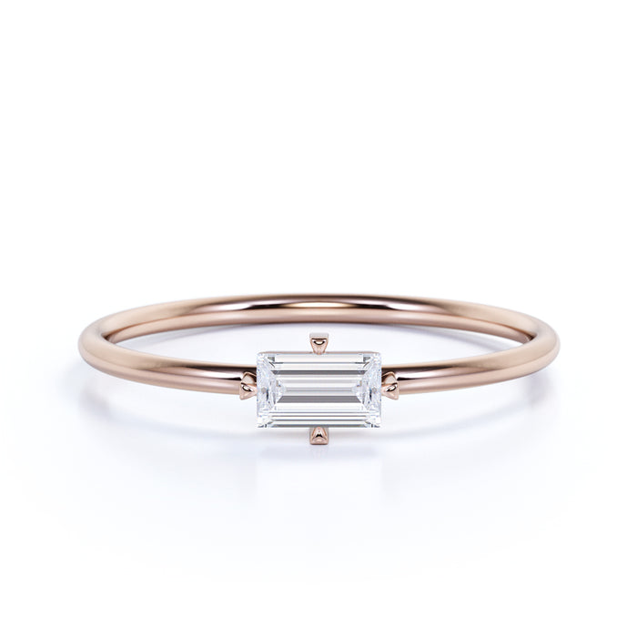 Minimalist Solitaire Emerald Cut Diamond Stacking Ring in Rose Gold