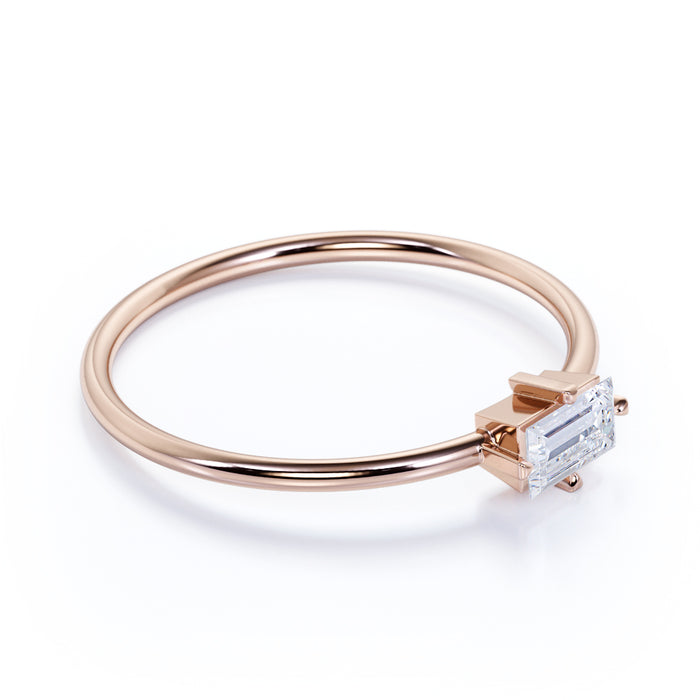 Minimalist Solitaire Emerald Cut Diamond Stacking Ring in Rose Gold