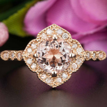 Art Deco 1.25 Carat Round Cut Peach Morganite and Diamond Engagement Ring in Rose Gold On Sale