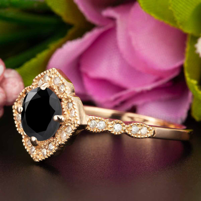 Vintage 1.25 Carat Round Cut Black Diamond and Diamond Engagement Ring in Rose Gold