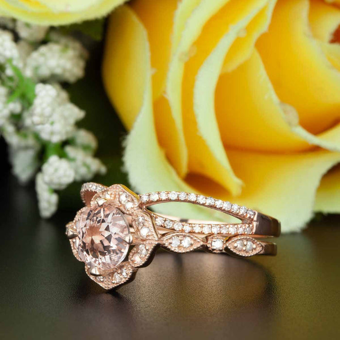 Unique 2 Carat Round Cut Peach Morganite and Ring Wedding Ring Set in Rose Gold Hand Made