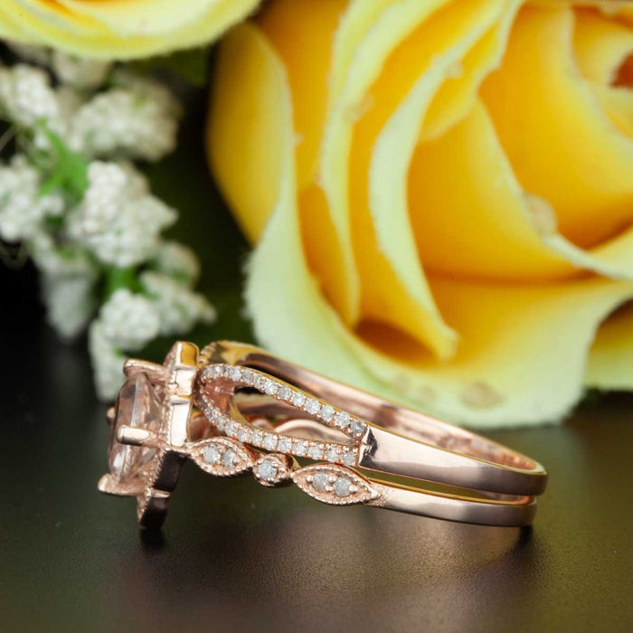 Vintage 2 Carat Round Cut Black Diamond and Diamond Wedding Ring Set in Rose Gold