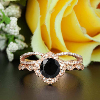 Vintage 2 Carat Round Cut Black Diamond and Diamond Wedding Ring Set in Rose Gold