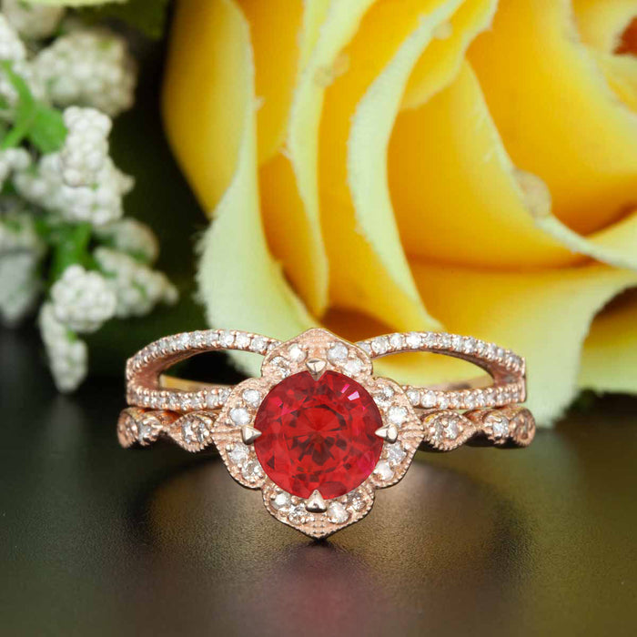 Vintage 2 Carat Round Cut Ruby and Diamond Wedding Ring Set in 9k Rose Gold